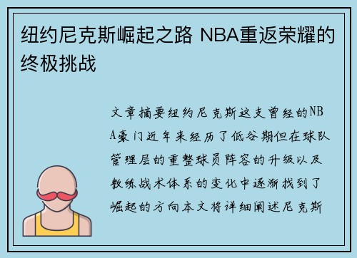 纽约尼克斯崛起之路 NBA重返荣耀的终极挑战